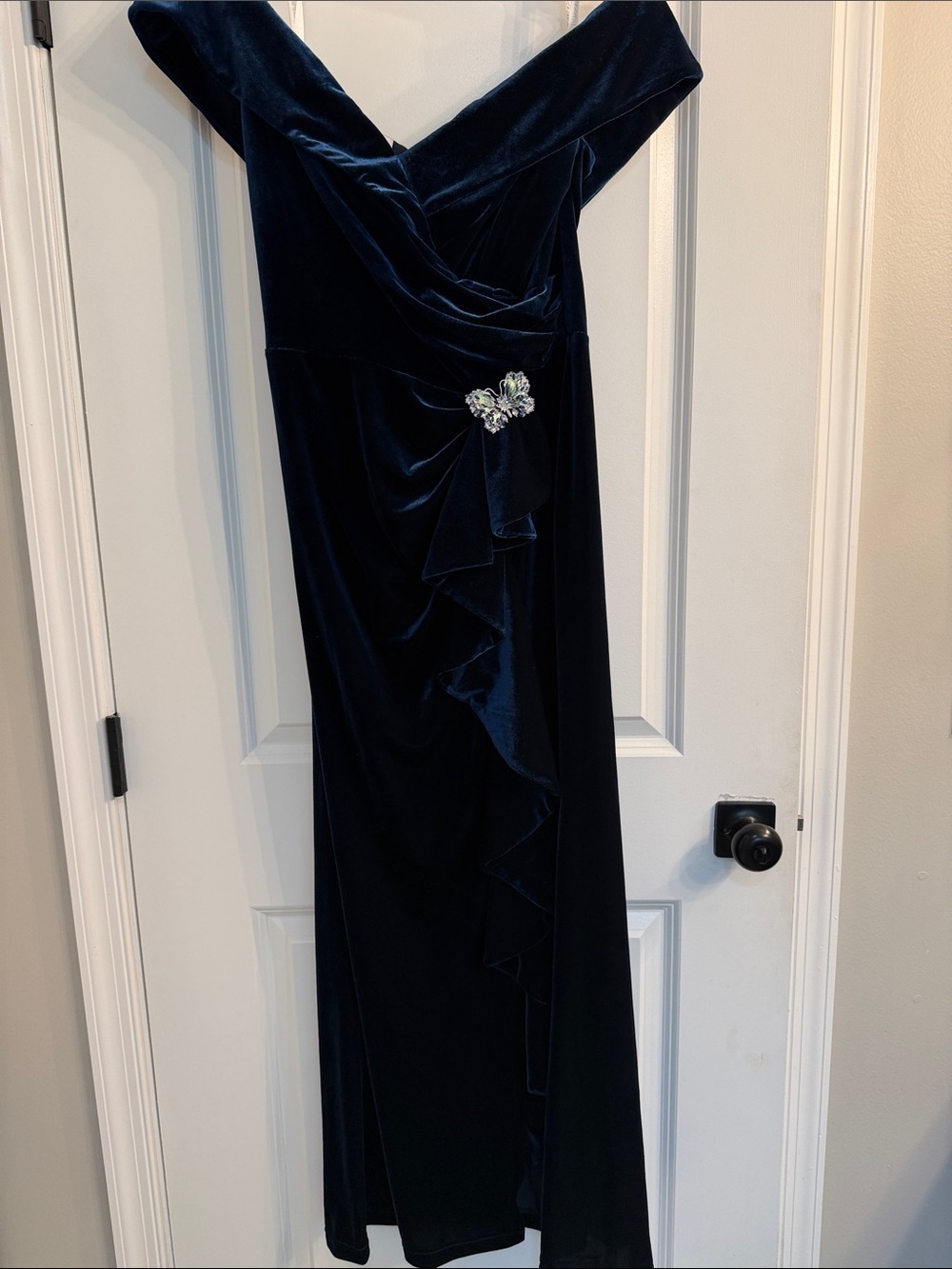 Oleg Cassini Navy Velvet Off-Shoulder Gown with Brooch